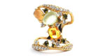 Златен пръстен с ръчно монтирани циркони, перидот, млечен кварц и цитрин