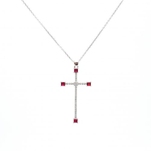 Cruce din aur alb de 14K  cu diamant 0.26 ct și rubin 0.41 ct