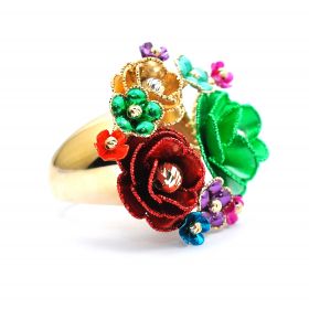 Inel din aur galben , verde, violet, roz și roșu  de 14K cu floare