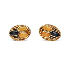 Yellow gold earrings with onyx and quartz