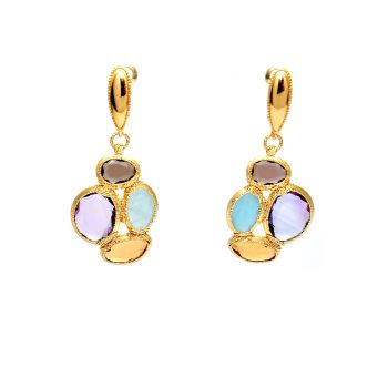 Yellow gold earrings with smoky quartz, chalcedony, yellow topaz and amethyst