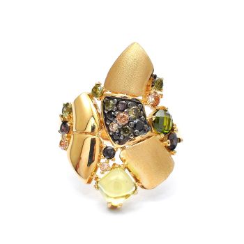 Yellow gold ring with smoky quartz, yellow topaz and peridote