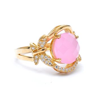 Yellow gold ring with pink quartz and zircons