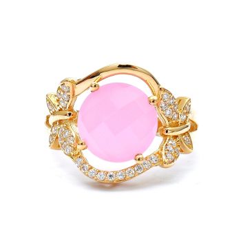 Yellow gold ring with pink quartz and zircons