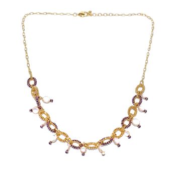 Yellow and purple gold necklace with pink quartz 