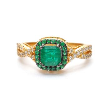 Yellow gold ring with diamonds 0.32 ct and emerald 0.98 ct