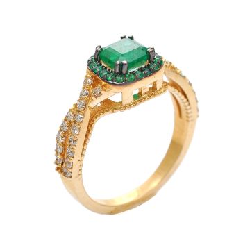 Yellow gold ring with diamonds 0.32 ct and emerald 0.98 ct