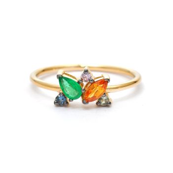 Yellow gold ring with emerald 0.15 ct and colored sapphyre 0.27 ct